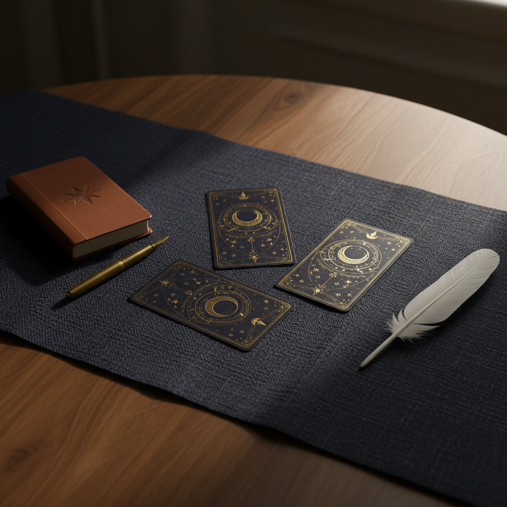 A dark indigo tarot cloth spread across a polished walnut table, displaying an elegant three-card layout with intricate, gold-foiled backs showing celestial patterns of moons and constellations. Around the cards lie a slim leather-bound journal, a brass fountain pen, and a single white feather quill, all carefully arranged. A narrow beam of warm, golden hour sunlight enters from the right, grazing the table and making the metallic accents subtly shimmer. The mood is sophisticated and introspective, suggesting insight into one’s path. Photographic realism, captured from a slightly elevated angle with rule-of-thirds composition, creating depth as the foreground cloth texture is crisp while the far edge of the table softens into shadow.