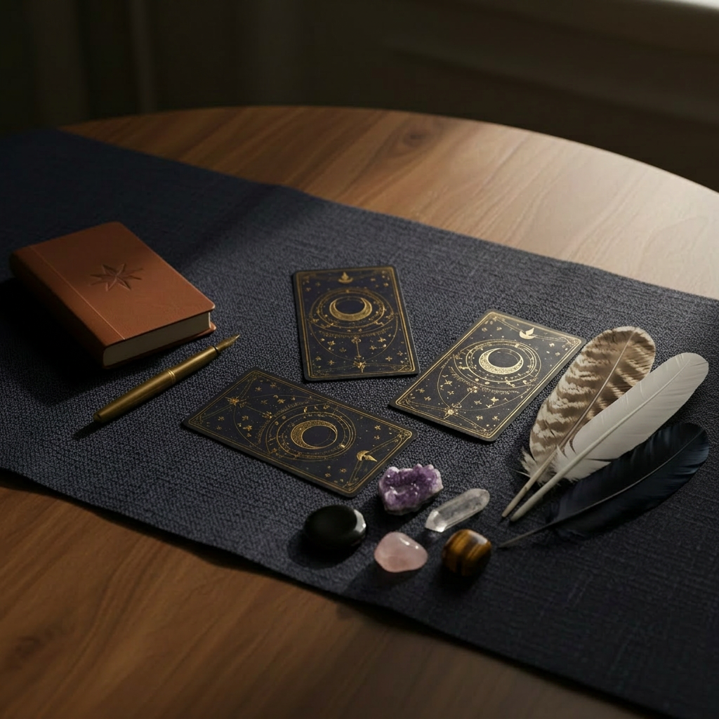 A dark indigo tarot cloth spread across a polished walnut table, displaying an elegant three-card layout with intricate, gold-foiled backs showing celestial patterns of moons and constellations. Around the cards lie a slim leather-bound journal, a brass fountain pen, and a single white feather quill, all carefully arranged. A narrow beam of warm, golden hour sunlight enters from the right, grazing the table and making the metallic accents subtly shimmer. The mood is sophisticated and introspective, suggesting insight into one’s path. Photographic realism, captured from a slightly elevated angle with rule-of-thirds composition, creating depth as the foreground cloth texture is crisp while the far edge of the table softens into shadow.