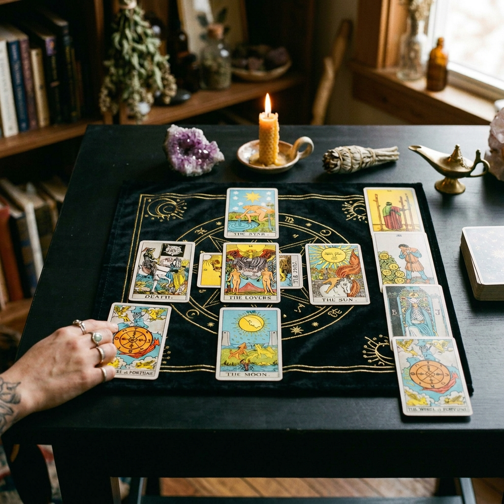 A tarot card spread laid out on a blue cloth with crystals and a candle