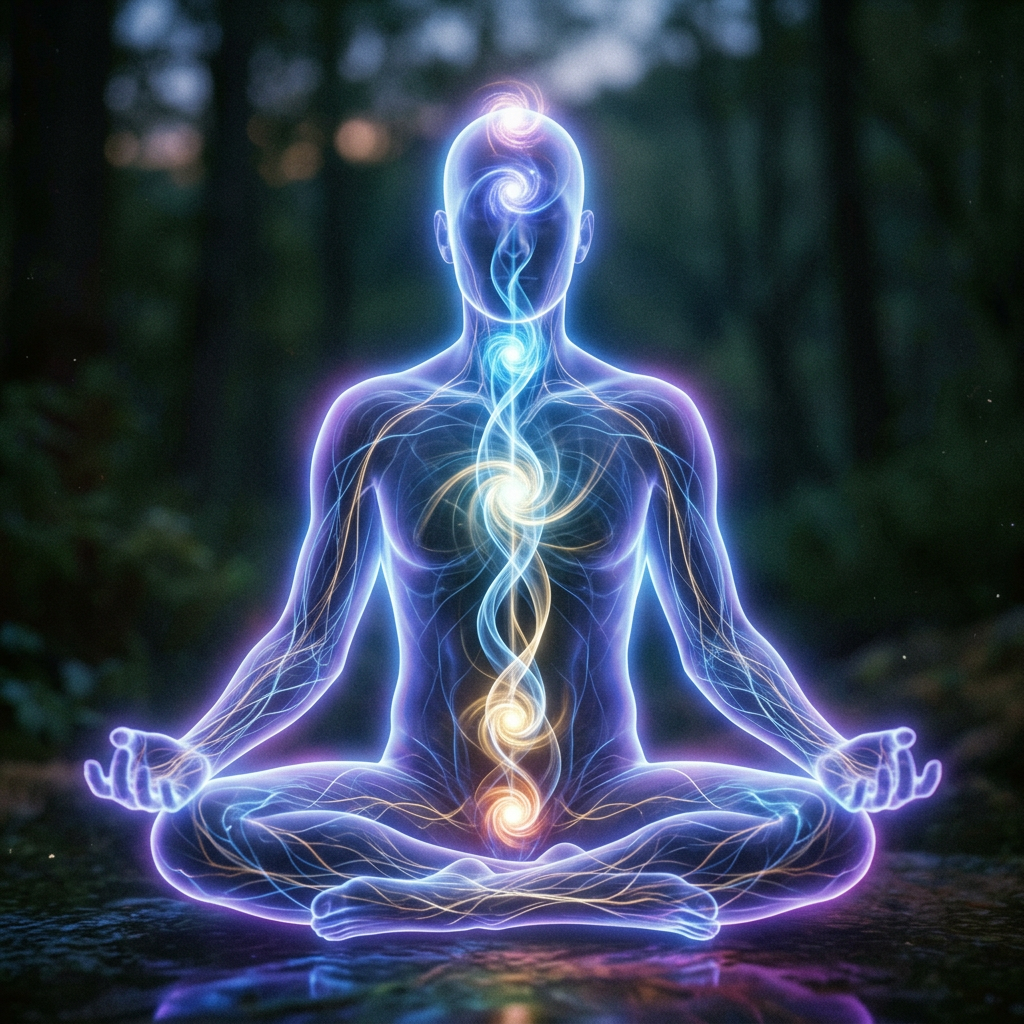 Meditative figure with glowing chakras aligned vertically and energy flowing through the body.
