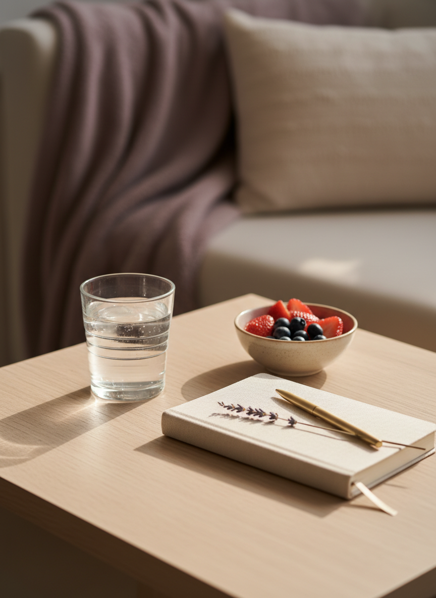 A tranquil table set with water, fresh fruit, and a journal for reflection