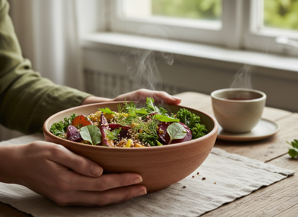 Hands holding a nourishing bowl of fresh plant-based food
