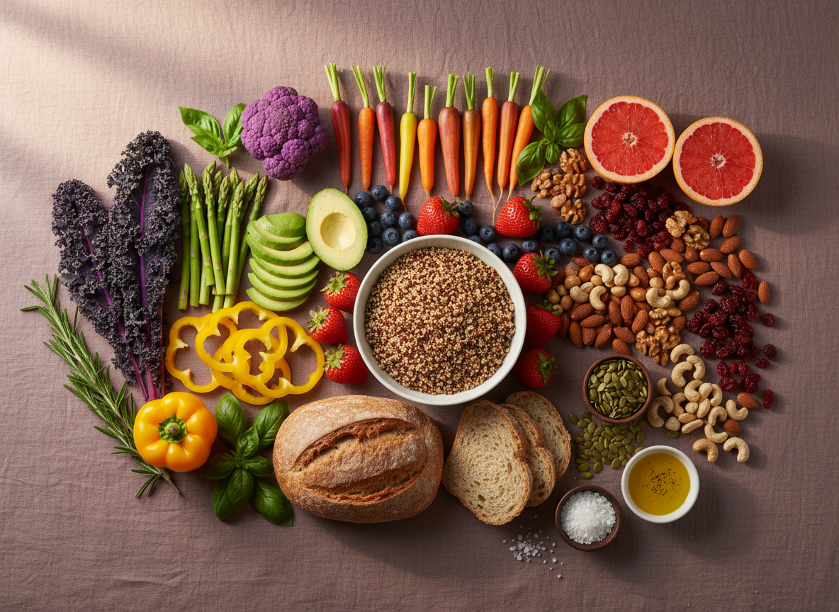 A beautifully styled flat lay of healthy, vibrant food — colorful fresh vegetables, fruits, whole grains, nuts, and herbs arranged elegantly on a soft muted mauve or warm neutral surface. Warm natural light, sophisticated editorial styling, calm and nourishing mood.