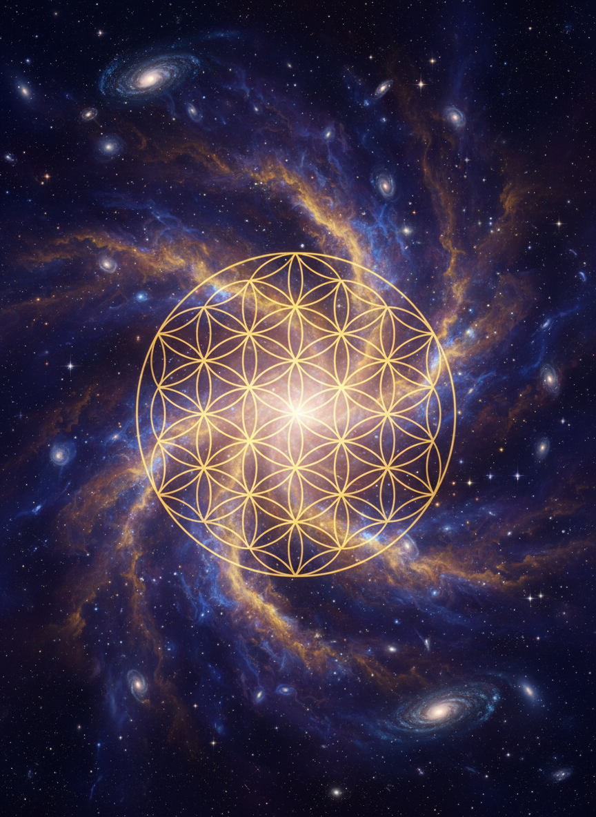 Reiki energy healing session with spheres A vast, awe-inspiring cosmic scene of deep space — swirling nebulae in deep purples, blues, and golds, scattered stars and galaxies stretching into infinity. Centered and filling the entire frame is a large, luminous Flower of Life sacred geometry pattern, glowing with soft golden and white light, intricately detailed, perfectly symmetrical, radiating outward as if woven into the fabric of the universe itself. No people. Pure cosmos and sacred geometry.