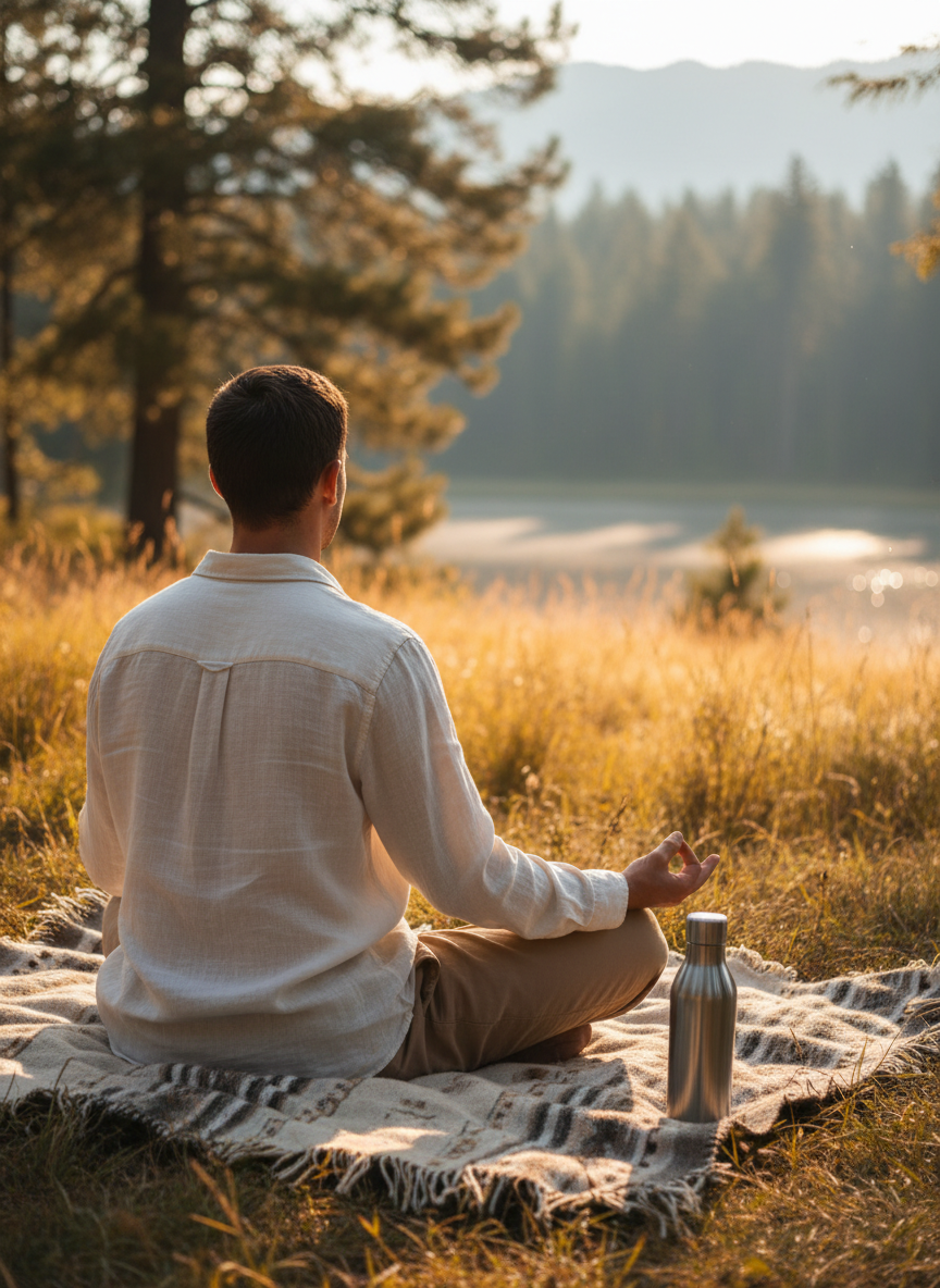 A real photograph of a person sitting cross-legged on a cozy blanket outdoors, seen from behind, meditating in a peaceful natural setting. A reusable water bottle sits beside them on the blanket. The background is a beautiful outdoor scene — a sunlit meadow, forest, or lakeside with soft golden light filtering through. Shot with a DSLR camera, shallow depth of field, photorealistic, warm natural tones. No face visible. Calm and grounded mood.