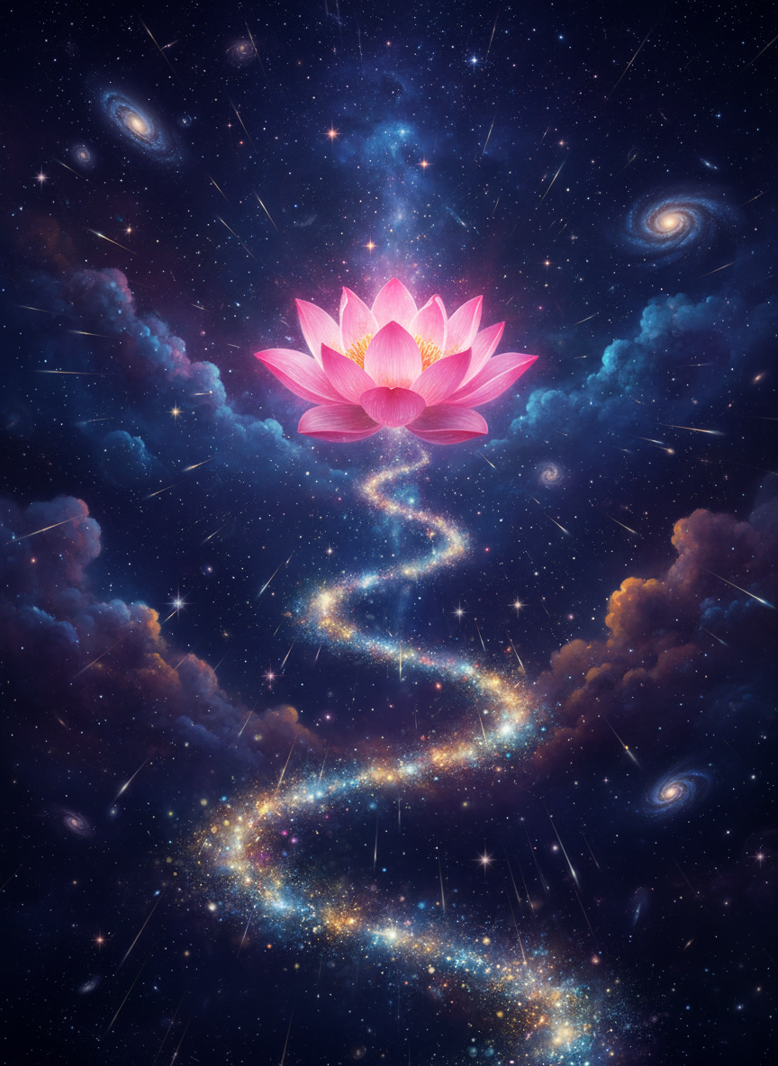 A winding path through deep cosmic space, glowing softly with stardust and nebula light, leading toward a single luminous pink lotus flower floating in the universe. The lotus radiates a gentle pink and magenta glow against a dark indigo and violet cosmos filled with stars and distant galaxies. The path is made of shimmering light particles, ethereal and dreamlike. Photographic realism with a painterly, mystical quality. Portrait orientation.
